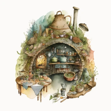 a hyper-detailed illustration watercolor clipart of a whimsical kitchen of a fairy house built out of natural materials by a human,complete kitchen utensil and kitchenware and foods in preparation watercolor illustration, illustration style a combination of Beatrix Potter and Tove Jansson,isolated on white background with margins, cut-out images