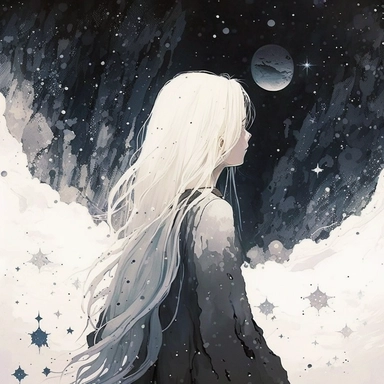 Once upon a time, in a galaxy far away, there lived a girl with white hair and eyes full of stars. She was strong and brave, but she struggled with a deep sadness that weighed heavy on her heart. One day, as she looked up at the vastness of the universe above her, she realized that her sadness was just a small part of something much bigger. She saw the stars shining bright, and she knew that she too had a light within her. With each passing day, the girl fought against her depression, reminding 