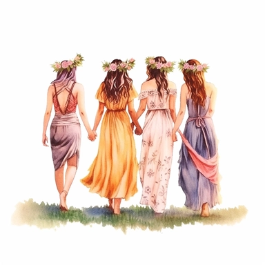 A group of bohemian best friends, dressed in flowing skirts and adorned with floral crowns, walking hand in hand along a sunlit path, clipart, no text, no watermark, white background