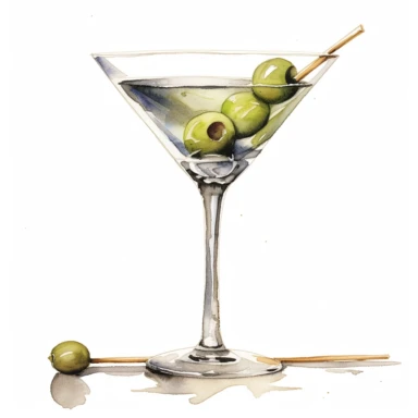A sophisticated Martini, complete with an olive on a toothpick clipart, white background, watercolor sophisticated drawing