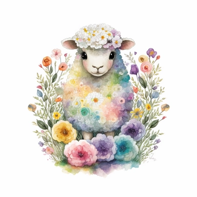 An adorable watercolour Easter baby lamb with big eyes surrounded by flowers and Easter egg clipart, all in pastel colours. A fluffy white lamb sits in the centre of the image, surrounded by a variety of colourful flowers in pink, purple, and yellow hues. The lamb has big, expressive eyes and a small pink nose, and is holding a colourful Easter egg in its mouth. The flowers and Easter eggs scattered around the lamb add to the overall springtime feel of the image. The lamb is situated in a lush m