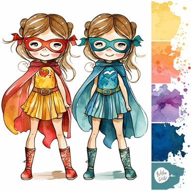four watercolour happy little superhero girl, full body, with eye masks, clipart, bookmark style