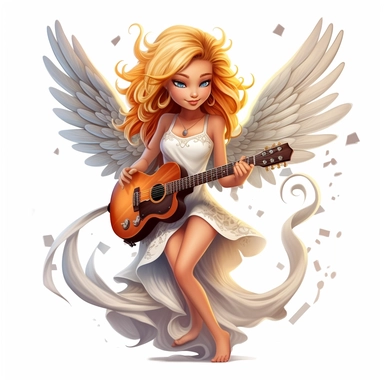 a beautiful fairy, rock star with guitar, cartoon, big wings, clipart, white background