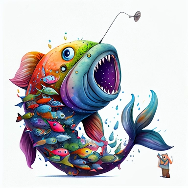 happy colorful big fish with a beautiful smile watching on a big hook and show with eyes that everyone is crazy, CLIPART sticker set, watercolor, ink, ultra-detailed, cartoon style, white background, black outside lines