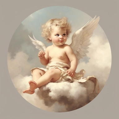 vintage adorable little baby angel sitting on a cloud, full body, pastel beige colors, clipart style, accurate details, oil painting technique, super high quality, professional watercolor clipart, high resolution