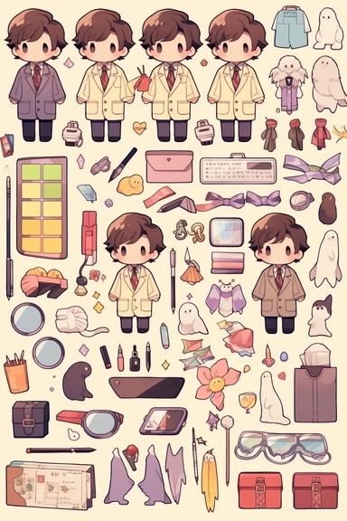 Stickers, Clipart, Full body display, Knolling layout of cute Teacher themed, accessories neatly placed in equal proportion, Super Giant Pitch, larger spacing, pocket sticker, stationery set, vector stickers, high detail, charater sheet, Planner Stickers, Bright Colors, Hand Drawn Artwork, anime style, single design, 8k, white background, appropriate blank