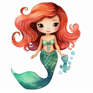 create a hand drawn watercolor clipart of a cute little mermaid, white background, 4k