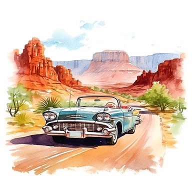 A drive along the iconic Route 66, with a vintage convertible cruising through the scenic landscapes of the American Southwest, american style, watercolor, clipart