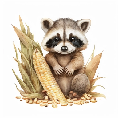 Clipart. A cute looking raccoon baby with cute face and cutest sweet expression holding a corn. Atmosphere is cute optimistic and funny. White background. watercolours. in the center of the image
