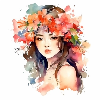 watercolor style, asian-origin girl with flowers on her head clipart, isolated on white background, hd