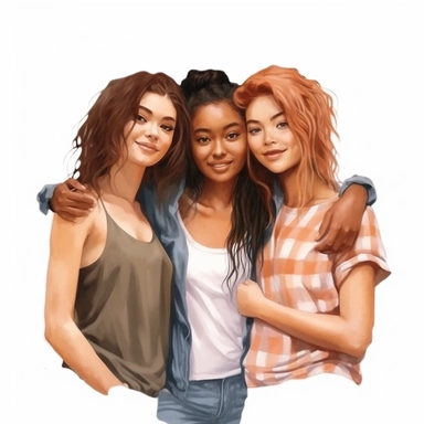 asian american, african american and european feminine best friends realistic illustration clipart, isolated on white background, 4K