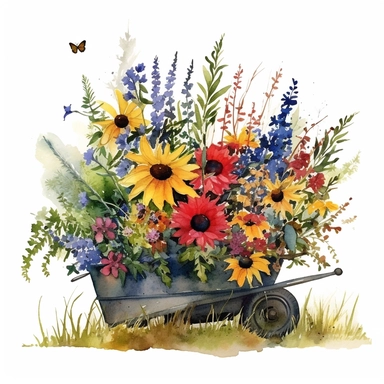 Watercolour Meadow-Inspired bouquet Extra large, Create a meadow-inspired arrangement by combining native UK and American flowers that bloom in meadows, Mix cowslips, cornflowers, and red campions from the UK with black-eyed Susans, goldenrods, and butterfly weeds from Americaplanted in a wooden wheelbarrow watercolour flower arrangement, clipart, vector, intermingled with greenery, white background, no captions, no vase, flower bed setting, aspect 2:2 repeat 5