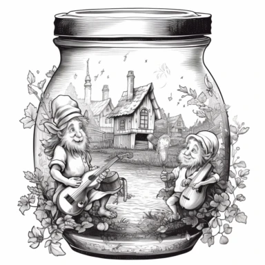 Coloring Page, In A jar Gnome musicians playing lively tunes in a jar bandstand, clipart black and white, no fill