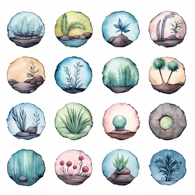 Watercolor wax seal , illustrations clipart set, simple , cartoon elements, rocks, bushes , different variants , , separate elements with a margin