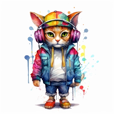 colorful cat art, full body, wearing cap and headphones, clipart, white background