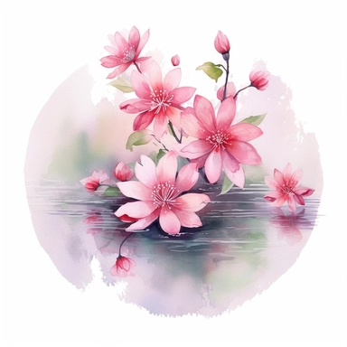 Tranquil watercolor illustration of pink flowers blooming by a serene pond, portrayed from a top-down angle, with the gentle ripples on the water's surface adding a sense of tranquility, stillness, and the serene beauty of nature's quiet moments, clipart on a clean white background.