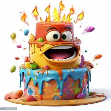 clipart of a messy two layer birthday cake, there is a funny face in the cake, candles, cartoon, for kids, funny, pixar, 8k, white background, sharp focus, detailed,
