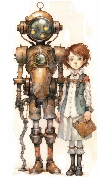 watercolor steampunk boy and steampunk girl entire body with a steampunk robot by their side and holding a cute steampunk doll in her arms, illustration clipart by holly hobbie and mary engelbreit