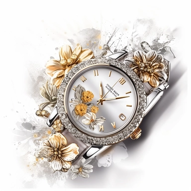 clipart, a diamond rolex mechanical watch on top of flowers, solid white background, in the style of ethereal illustrations, mende art, kimoicore, romantic emotivity, nouveau réalisme, rich and immersive, soft color, wedding theme, expensive, double tone effect, silver and gold, wedding theme