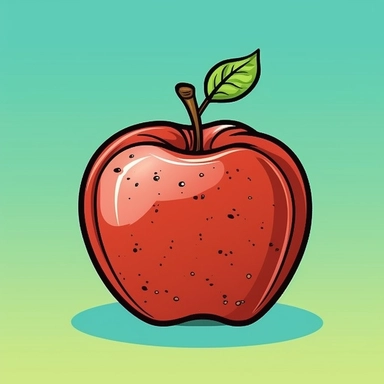 Create a cartoon-style clipart of an apple with a plain, high contrasted background. The apple should look fresh and juicy with a vibrant red or green color, and have a cute and friendly expression. Keep the design simple yet expressive, and make sure the apple is identifiable as it is commonly seen in real life. The artwork should have a flat 2D style with bold outlines and bright colors to capture the essence of a classic clipart.