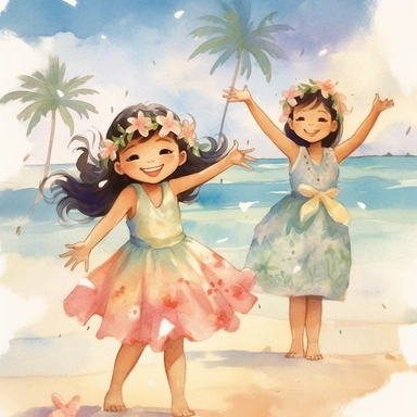 watercolour, beautiful soft colours, tropical island setting, showcase an adorable little Hawaiian girl doing the hula on the beach with her family, she feeling is happy, celebration, they are all wearing flowers in their hair, beautiful clipart style