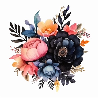 watercolor, handpainted black boho floral clipart, transparent background, spaced out--ar 3:2