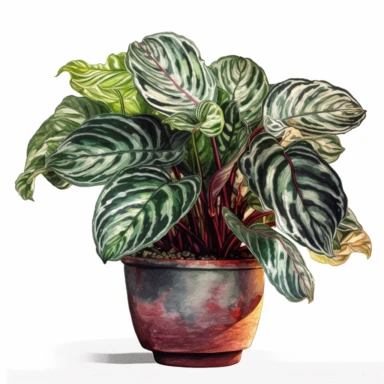 Calathea (Prayer Plant) in pot, potted plant, watercolor style, Clipart, white background, no text, no watermark, watercolor clipart, sunlight, realistic, epic detail, high resulation