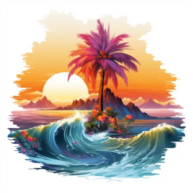 artwork majestic palm tree in digital painting style, beautiful flowers, sunrise mountain and clouds, big sea waves, water splashes, water splashes, white background, colorful fantasy flower surround, highly detailed clean, vector image, photorealistic master piece, professional photography, realistic, flat white background, isometric, vibrant vector, clipart, illustration, realism, 4k, cinematic, front view, white background
