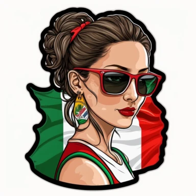 pretty young woman with a t-shirth with the mexican flag, hair in a messy bun and sunglasses realistic cartoon style clipart sticker