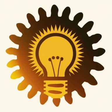 circular digital logo of a cog silhouette and light bulb, clip art, logo