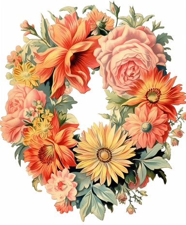 Vintage 1920 Oval Garden Floral Wreath Illustration, Chromolithograph, Die Cut, 1920s Illustration, Vintage, Chromolithograph, Colorful, Antique, Ephemera, Clipart, 8k, Isolated on white