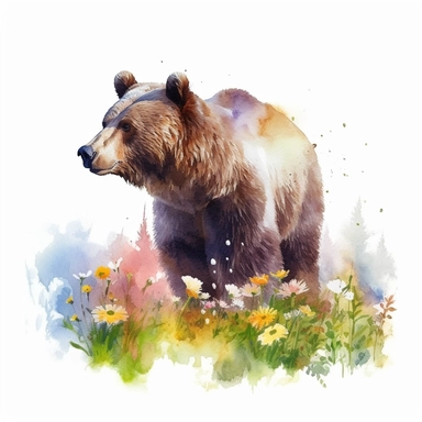 detailed watercolor clipart, photography style, beautiful bear, in a meadow, HDR, spring floral,self shadow, white background