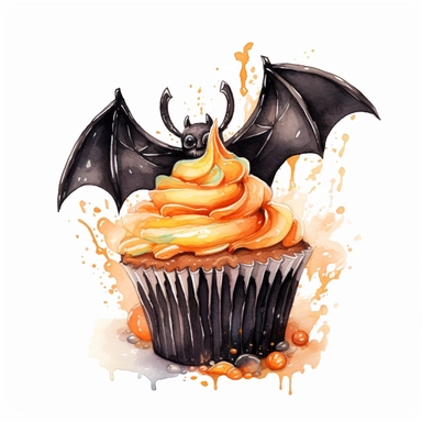 delicious black halloween cupcake with orange swirly icing and a bat, spider, spooky, watercolour illustration clipart, extremely detailed, 4k, high quality, isolated on white background watercolour