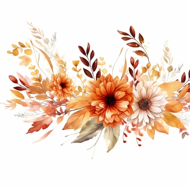 watercolor fall flower border, clipart isolated on clear white background, fall colors, boho, lithograph, 32k uhd, textural