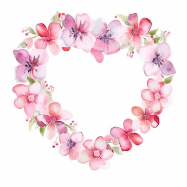 heart shaped pink flower borders with white copy space in the center watercolour clipart illustration with isolated background