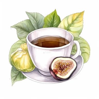 hand drawn Asian tea cup with a white tea blossom and a fig, clipart style, detailed and realistic, watercolor, white background with margins