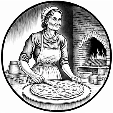 Norwegian woman forty years, Baking lefse, Black and white illustration, pizza oven made of bricks, clipart, circle shaped logo, lineart
