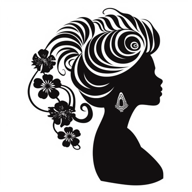 beautiful mermaid logo, fancy fin, mermaid with flowers in hair, blowing a conch shell, clipart silhouette white background,