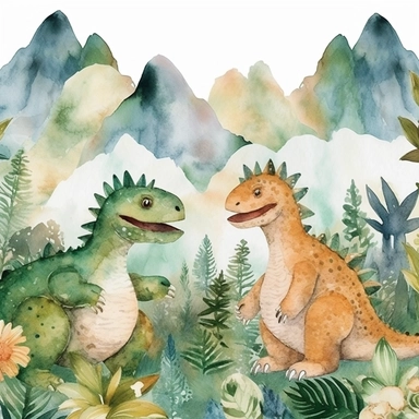friendly, fluffy watercolor dinosaurs clipart, in mountains, forest, separated, seamless, transparent background--AR 3:2