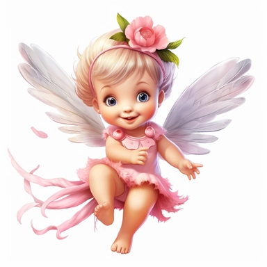 a beautiful happy baby fairy girl, pink flowered dress, blue eyes, highly detailed image, full body image, big wings, pixar style, clipart, white background,