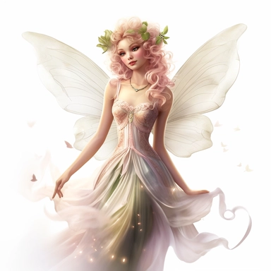 whimsical Fairy, showing full body, highly detailed face, and expression, Use dreamlike lighting with soft sunlight falling on the subjects face and hair, to create an ultra-realistic image that captures the subjects natural beauty and personality, clipart on white background