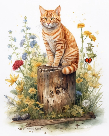 Watercolor Painting of ginger cat sitting on stump surrounded by wild Texas Flowers, on white background good anatomy, DETAILED ILLUSTRATION, Flemish Baroque, Rococo, white background, Intricate Detailed, Soft Light Effect, Oil Paint Strokes, Light Academia Aesthetic Flowers, Lighting cinematic, all shown shimmering stamens, tyndall light, texture, colorful, 8k, fantasy, ray tracing, vivid, spectacular lighting, octane rendering, highly detailed, ultra - realistic, white background, clipart, sur