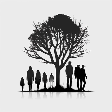 simple clean logo with a simple tree, silhouette of people, one in front looking backward, black and white, flat, looks like clipart