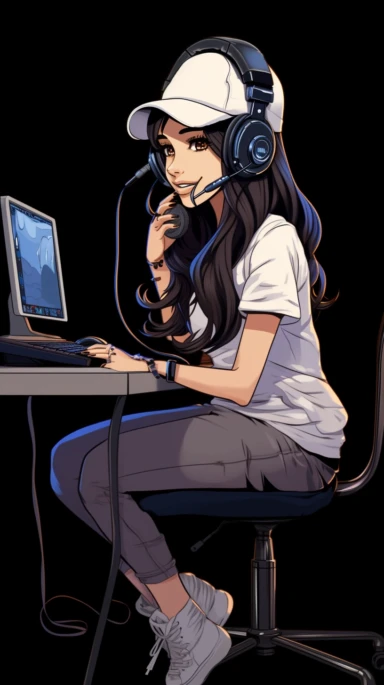 Side sitting posture of an animated girl wearing t shirt character design, wearing headphones on her head, sitting on a chair, in a professional recording studio background, full body, drawing a face in maximum quality, high-quality drawing of the face, clipart, full illustration, 4k, sharp focus, smooth, soft skin, symmetrical, detailed face, concept art, style fairy tales, chibi kawai, Octane rendering, 3d, perfect face, detailed face, delicate face, perfect sharp lips, detailed eyes.