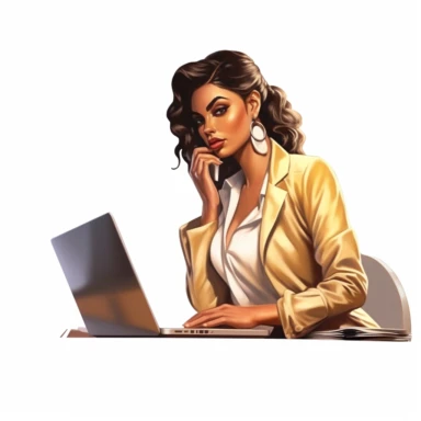 chic latino lady boss sitting at the desk and working on laptop, realistic illustration, clipart, isolated on white background, 4K
