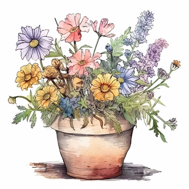 watercolor and ink clipart, picture of large wild flowers in the clay pot, high detail, high resolution, pastel colors, vibrant colors, digital print