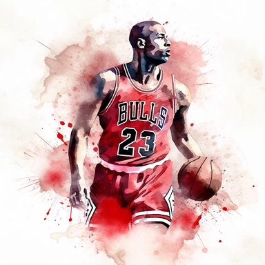 a clipart of a ultra detailed watercolor micheal jordan basketball player in chicago bulls with a chicago bulls Logo watercolor as background, v4 ar 2:3
