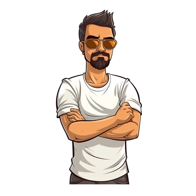 simple clipart cartoon of a man with a goatee and sunglasses, wearing a plain white T-shirt with arms crossed on a white background