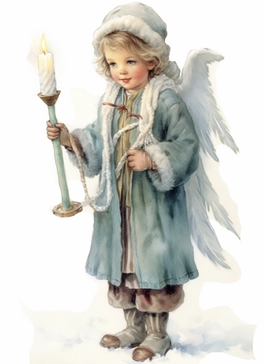 beautiful little Christmas angel , beautiful Christmas clipart, soft faded colors, art by Marjolein Bastin, Thomas Kinkade, Carl Larsson, Norman Rockwell, Susan Wheeler