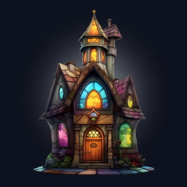 a little cartoon church, pixar, clipart, stained glass windows, cross on top, blank background, sharp lines, 8k